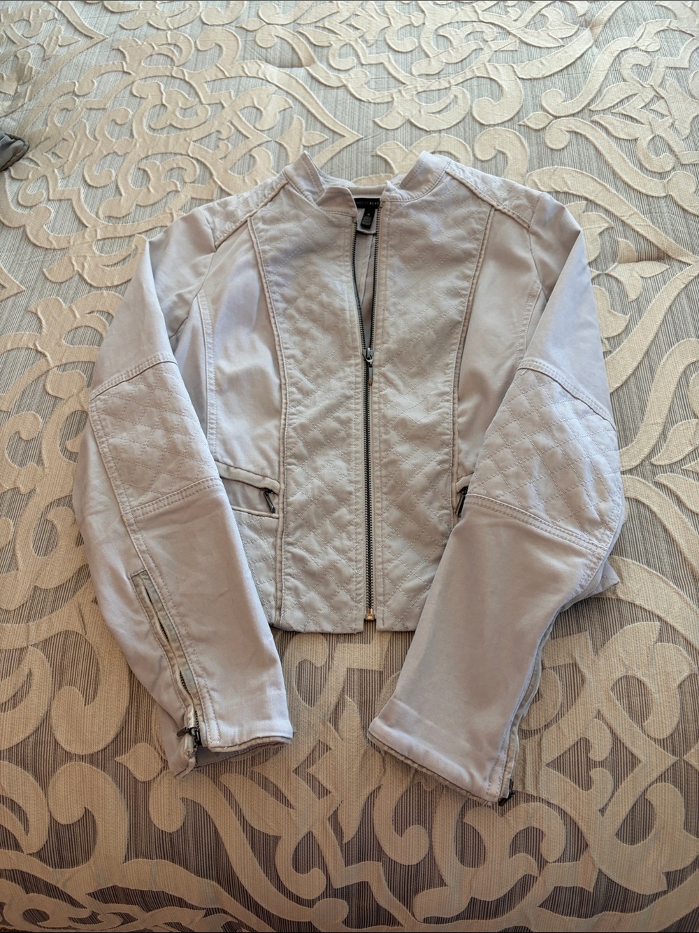 White House Black Market Light Gray Quilted Zip-Front Moto Jacket